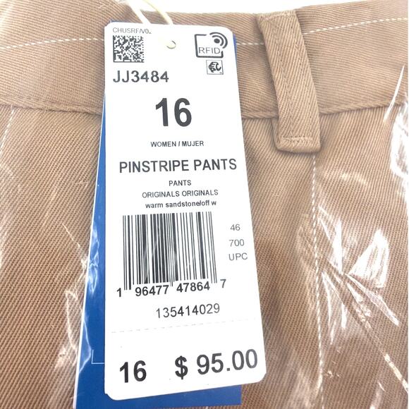 Adidas Women's Warm Sandstone Off White Pinstripe Twill Loose Pants Size 16 - Picture 4 of 11
